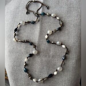 Long Beaded Necklace – Blue, White, Brown & Silver Tone – Boho Chic